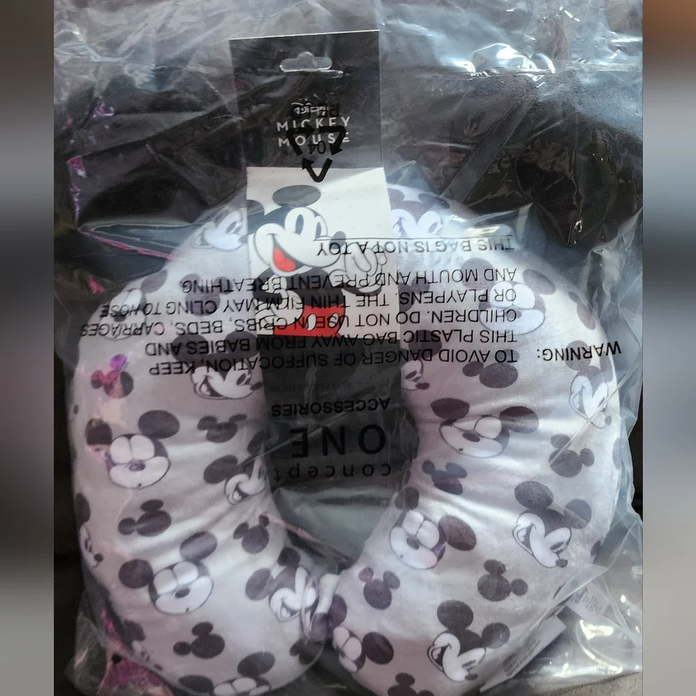 NWT Disney Mickey Mouse Faces & Icons Portable Travel Neck Pillow Ears Gray B&W